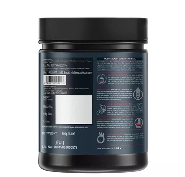 MuscleBlaze Super Gainer XXL, For Muscle Mass Gain (Chocolate, 500 g / 1.1 lb)