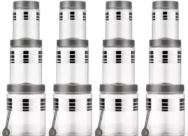 Roseleaf New Printed Silver Line Unbreakable Kitchen Plastic Storage Containers Combo Set With Spoon - 350 ml, 650 ml, 1200 ml Plastic Grocery Container (Pack of 12, Silver)