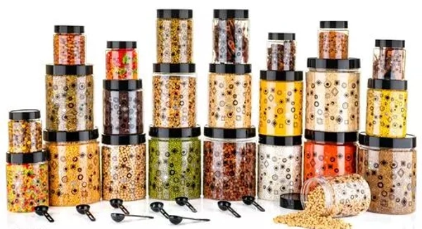 Premium Printed Design Kitchen Containers with 24 Spoons Set Of 24 Black - 250 ml, 350 ml, 650 ml, 1200 ml Plastic Grocery Container (Pack of 24, Black) - Free Size