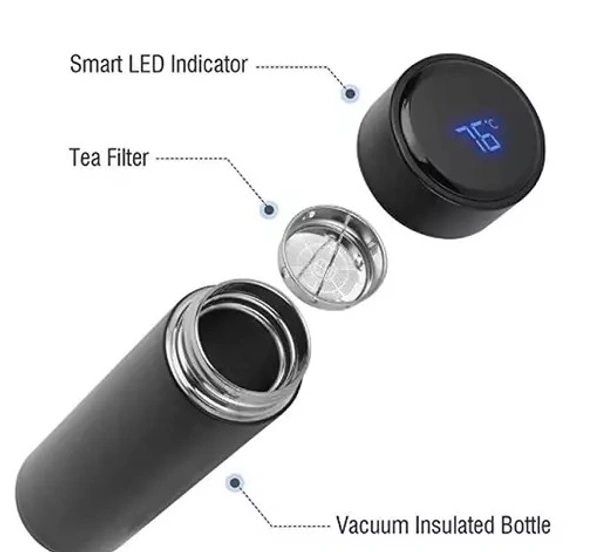 Stainless Steel Sports Water Bottle with LED Temperature Display, Double Wall Vacuum Insulated Water Bottle, Stay Hot for 24 Hrs, Cold for 24 Hrs (Pure black)
