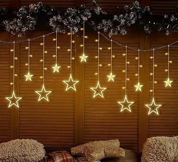 12 Stars 108 Led Curtain String Lights Window Curtain Lights with 8 Flashing Modes of Decoration for Diwali, Christmas, Wedding, Party, Home, Patio Lawn (Star Warm White) - 