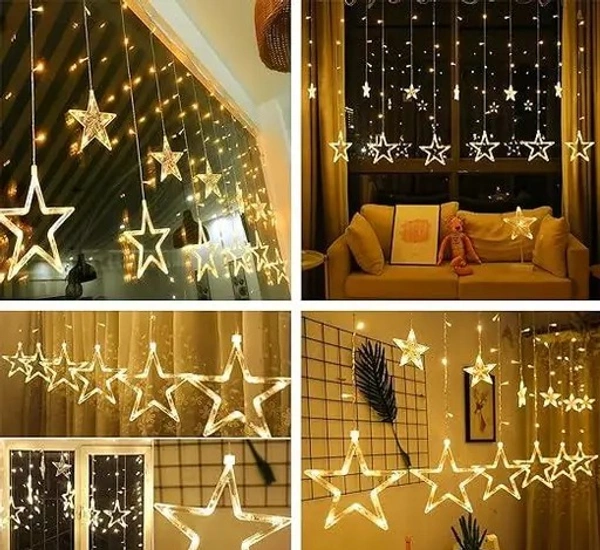 12 Stars 108 Led Curtain String Lights Window Curtain Lights with 8 Flashing Modes of Decoration for Diwali, Christmas, Wedding, Party, Home, Patio Lawn (Star Warm White) - 