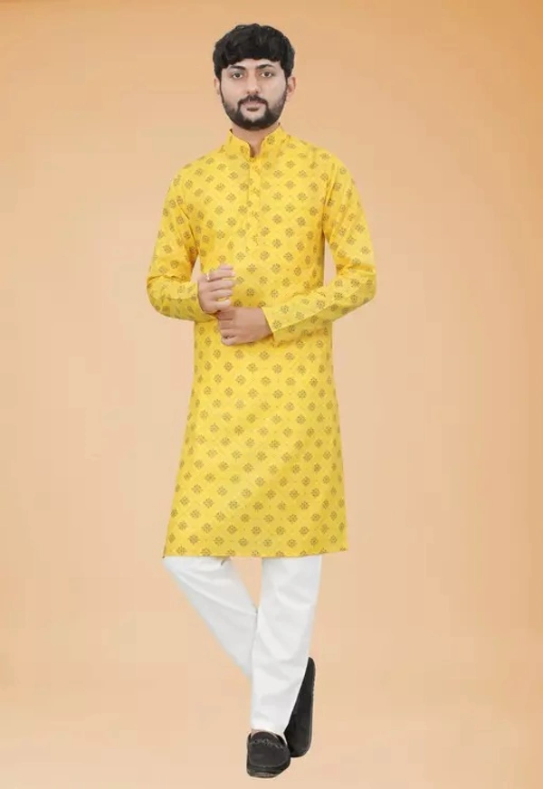 Men Printed Pure Cotton Straight Kurta (Yellow & Orange) (Only Kurta) - XS
