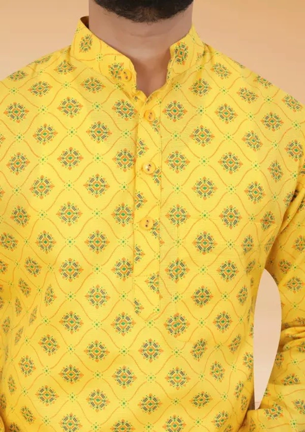Men Printed Pure Cotton Straight Kurta (Yellow & Orange) (Only Kurta) - XS