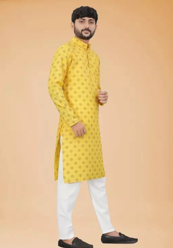Men Printed Pure Cotton Straight Kurta (Yellow & Orange) (Only Kurta) - XS