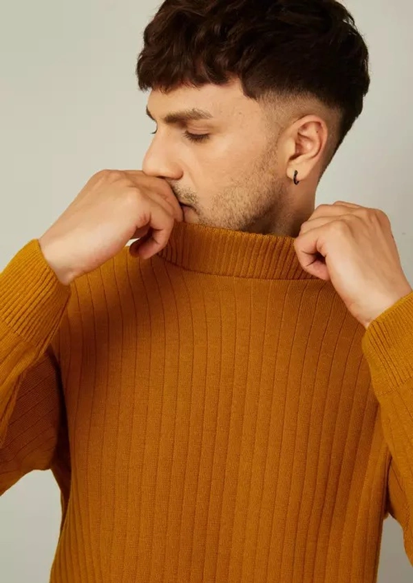 Kvetoo Men High Neck Full Sleeve Sweaters Mustard - L