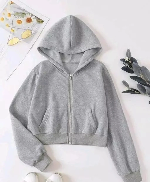Grey Colour Crop Sweatshirt Hoodie Jacket - L