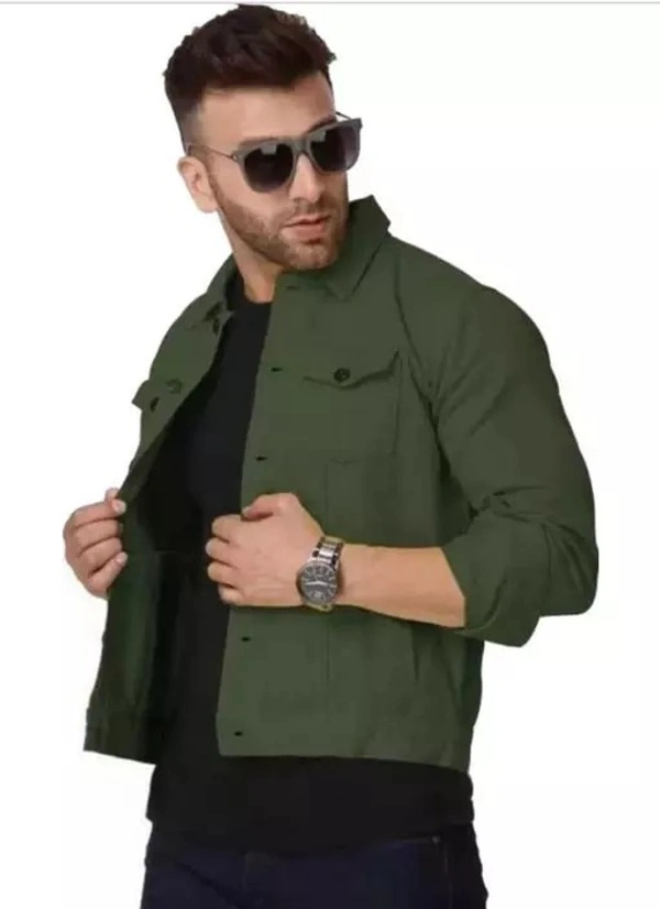 BUCCLY Men's Solid Flap Collar Olive Jackets - XL
