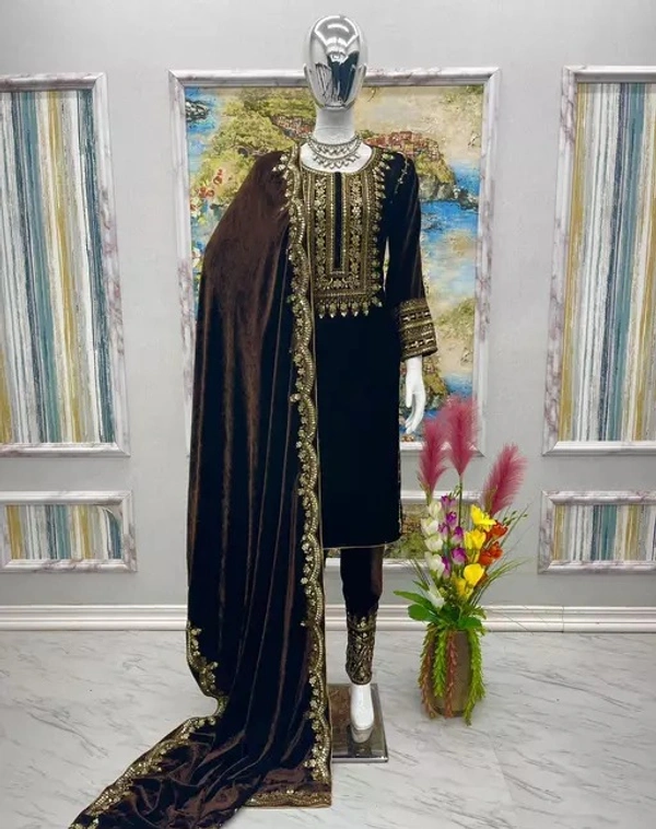 New Designer Party Wear Fancy Pure Viscose Velvet With Embroidery 5 Mm Sequence Work Suit - XL
