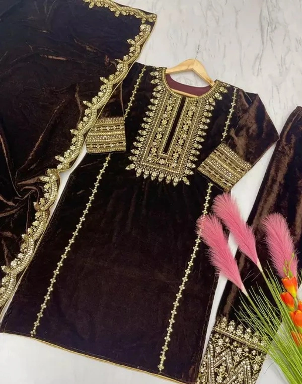New Designer Party Wear Fancy Pure Viscose Velvet With Embroidery 5 Mm Sequence Work Suit - XL