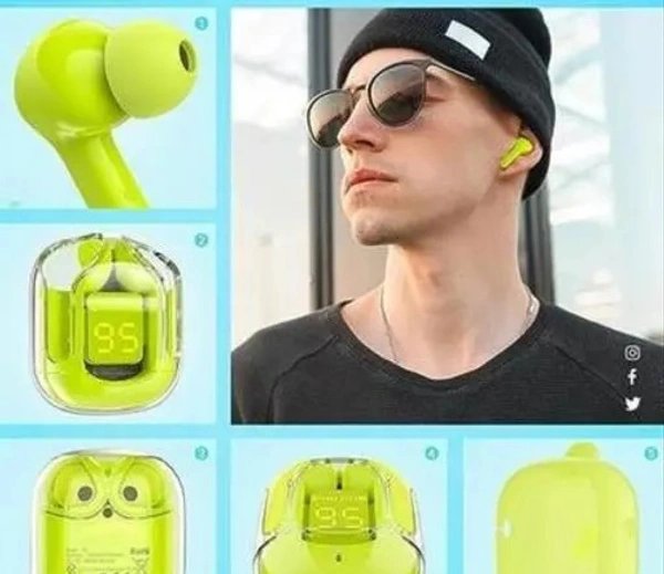LEOXCE Ultrapods TWS Earbud, Bluetooth Earbuds with Display, Transparent Design, 30 Hrs Playtime with Fast Charging, Bluetooth 5.3 + ENC, 13mm HD BASS Drivers, IPX7 Sweat-Proof, Built-in Mic GREEN-MULTICOLOUR - Free Size