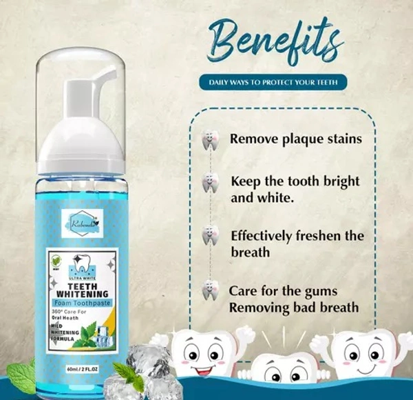 Teeth Whitening Foam Toothpaste Makes You Reveal Perfect & White Teeth, Natural Whitening Foam Toothpaste Mousse with Fluoride Deeply Clean Gums Remove Stains-60ml &50gm - Free Size