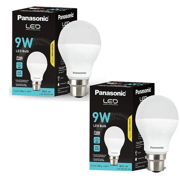 Panasonic 9W LED Bulb | LED Bulb 9 watt with B22 Base | 4kV Surge Protection 9 Watt Bulb (Cool Day Light, Pack of 2) - Free Size