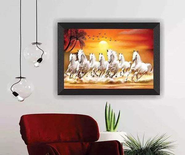 Lucky Seven Running Horses Vastu UV Matt Textured Framed Digital Reprint 11 inch x 14 inch Painting - Free Size