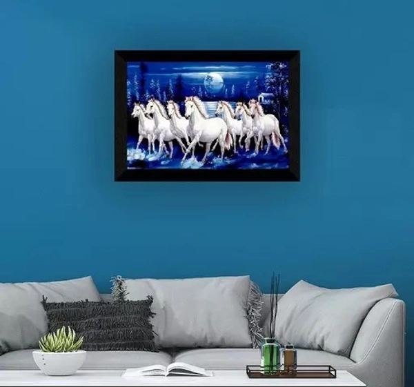Vastu Seven Horses Running Blue Background UV Matt Textured Framed Digital Reprint 11 inch x 14 inch Painting - Free Size
