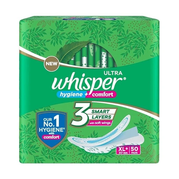 Whisper Ultra Clean Sanitary Pads for Women|50 thin Pads|XL+|Hygiene & Comfort|Soft Wings|Dry top sheet|Suitable for Heavy flow|Odour free|31.7 cm Long|With disposable wrap - XL