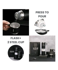 Stainless Steel Vacuum Flask and Flask Set 3 Steel Cups with Flask Combo Ideal Gift for Diwali and Birthday Gift Return Gift (Multicolour)