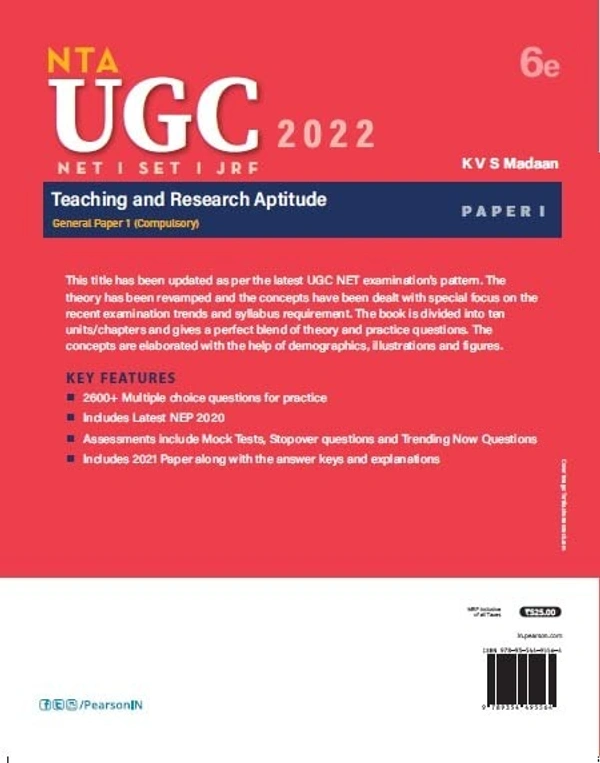 UGC NET /SET/JRF Paper 1 Teaching and Research Aptitude - 2019- 2021 fully solved papers including Oct- Dec 2021 | Includes National Education Policy 2020| Sixth Edition| By Pearson - KVS MADAAN