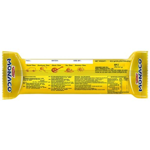 Parle Monaco Biscuit - Classic Regular, Salted Snack, 52.2 g (Get 5.8 g Extra)