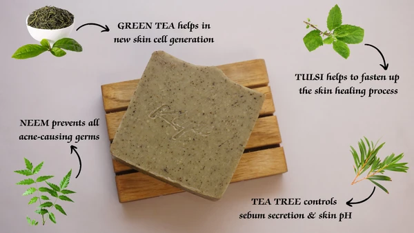 NEEM & GREEN TEA SOAP WITH TEA TREE & TULSI ESSENTIAL OIL - 120g