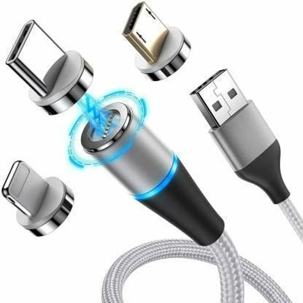 Multi Charging Cable, 3 in 1 Nylon Braided Fast Charging Wire Cord Magnetic Charger USB Cable Compatible for Type-C Smartphone, Micro USB Mobile/Gadgets and iOS Devices - Magnetic, Pack Of 1