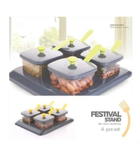 Plastic Multipurpose Pickle Masala Storage Container (Festival Stand) with Lids and Tray Holder, 4 Pieces  - Festival Masala Box, Pack Of 1