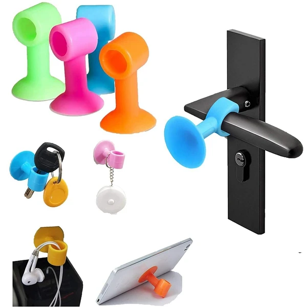 Wall Protectors Anti-Collision Self-Sucking Silicone Door Stopper, Door Handle Bumper, Mobile Phone Stand, Data Cable Organizer, Key Holder (Multi Color) - Pack Of 4, Silicone Chipko Door Stopper