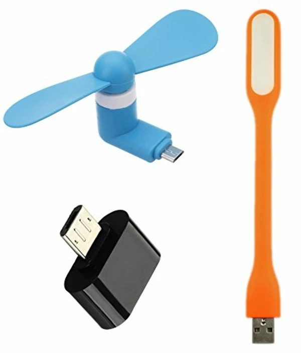 Mini Portable & Flexible Micro Fan + USB LED Light Lamp for Laptop/Desktop/Powerbank/All Mobile (USB Light + Micro Fan + Micro OTG Adapter)(Color May Vary) (Combo of 3)) - Mobile Accessories, Combo Set Of 3