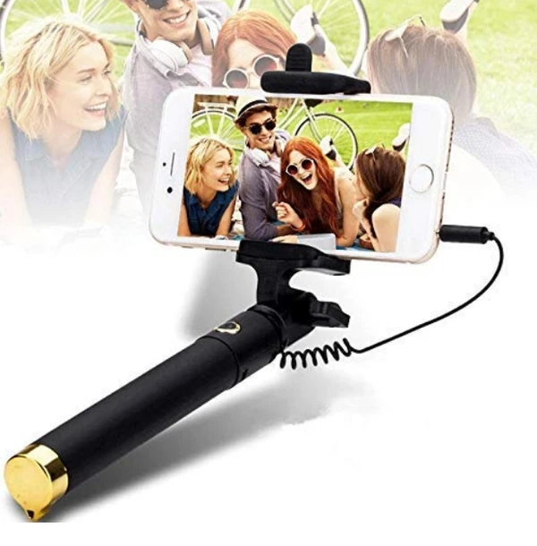 Selfie Stick for Mobile Phone for clicking Photos & Making Video with Attached AUX Cable | for iPhone and Android Mobile Phones - Multicolor - Black, Selfie Stick, Pack Of 1