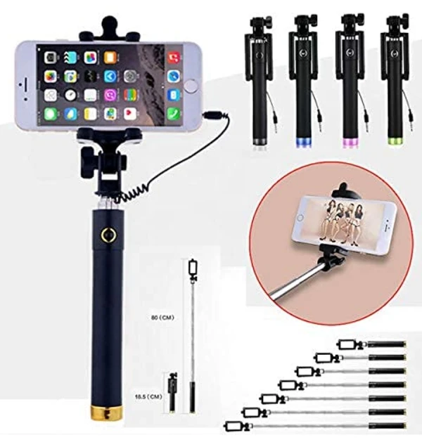 Selfie Stick for Mobile Phone for clicking Photos & Making Video with Attached AUX Cable | for iPhone and Android Mobile Phones - Multicolor - Black, Selfie Stick, Pack Of 1