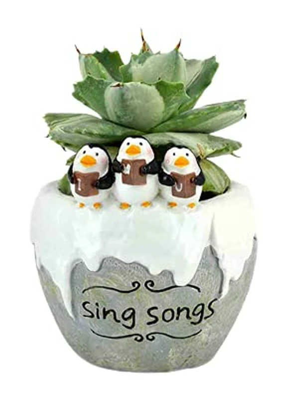 Cute Cartoon Sing Songs Singing Penguins Pot Succulent Planter for Indoor Plants - Resin Planters Table Top Decorative Gardening Pot for Living Room, Home & Office Decoration - White, Sing Song Planter Pot, Pack Of 1