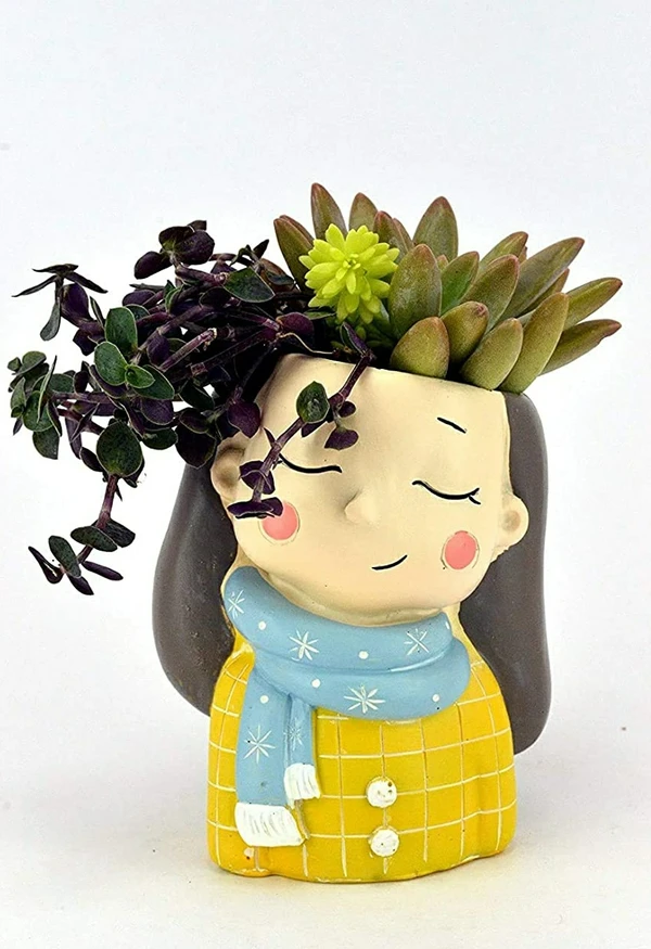 Designer Muffler Girl Pot Succulent Planter for Indoor Plants - Resin Planters Table Top Decorative Gardening Pot for Living Room, Home & Office Decoration ( 3.5" X 3.5" ) - Muffler Girl Planter Pot, Pack Of 1