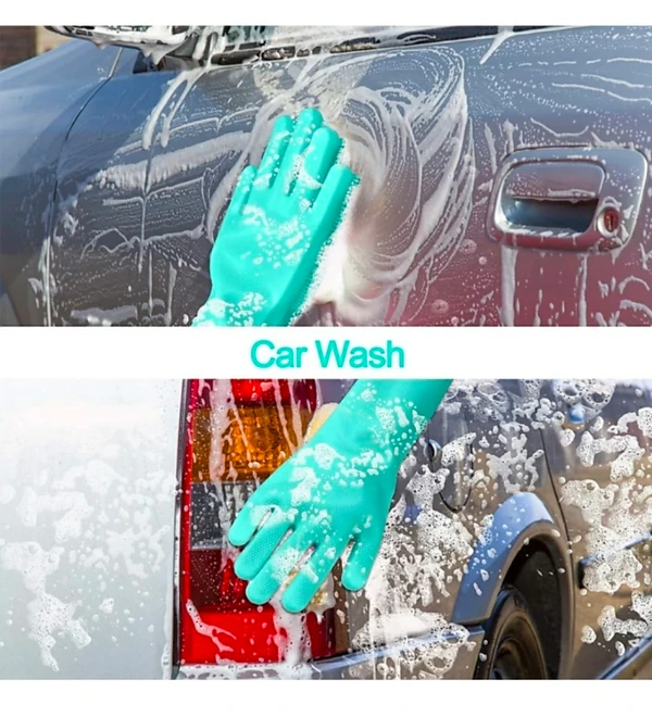 Heat Resistant Silicone Cleaning and Washing Gloves with Soft Bristles for Multipurpose Use of Car & Bike Cleaning, in Kitchen, Pet Grooming - Gloves, Pack Of Pair