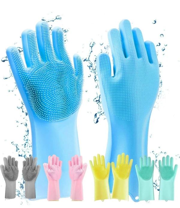 Heat Resistant Silicone Cleaning and Washing Gloves with Soft Bristles for Multipurpose Use of Car & Bike Cleaning, in Kitchen, Pet Grooming - Gloves, Pack Of Pair