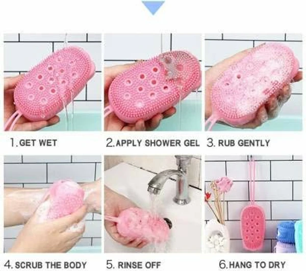 Silicone Bath Brush, Double Sided Body Scrubber , Silicone Shower Sponge , For Dead Skin Removal And Deep Cleaning Massage, Bath Tool , body wash for kids , loofah for bathing , body scrub for bathing , body brush having better cleaning , for removing stains , particle massage Housework cleaning , for Men, Women And Kid ( MultiColor ) - Bubble Soap Case, Pack Of 1