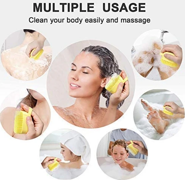 Silicon Massage Bath Brush , Shower Brush, Scalp & Bathing Brush , For Cleaning Body , Silicon Bath Scrubber , Cleaner & Massager With Shampoo Dispenser, Bathing Tool , scrubber for bathing , Silicon Wash Scrubber , Cleaner & Massager For Shampoo, Soap Dispenser , body scrubber for bathing , Skin Massage Brush Bath , For Kids Men And Women - Brush For Liquid, Pack Of 1
