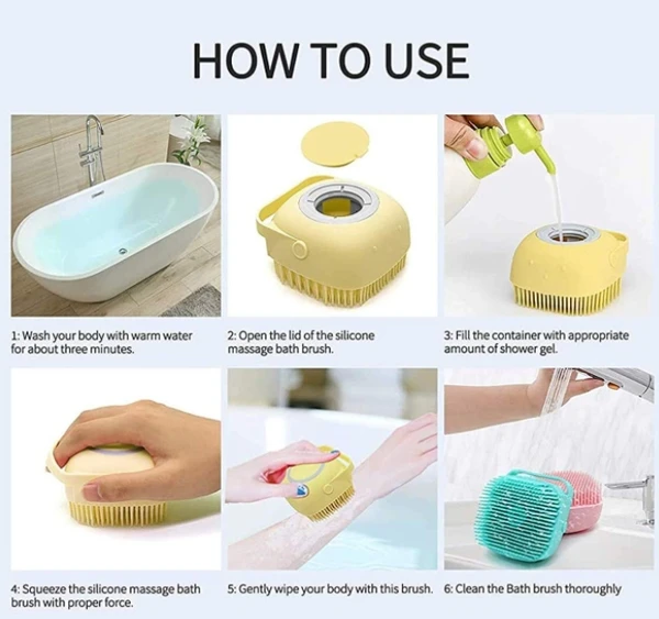 Silicon Massage Bath Brush , Shower Brush, Scalp & Bathing Brush , For Cleaning Body , Silicon Bath Scrubber , Cleaner & Massager With Shampoo Dispenser, Bathing Tool , scrubber for bathing , Silicon Wash Scrubber , Cleaner & Massager For Shampoo, Soap Dispenser , body scrubber for bathing , Skin Massage Brush Bath , For Kids Men And Women - Brush For Liquid, Pack Of 1