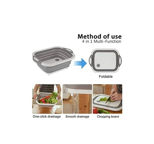 4 in 1 Multifunctional Silicon Based Kitchen Foldable Cutting, Chopping Board, Collapsible Dish Tub, Vegetable, Fruit Washing | Draining Basket with Plug | Folding Washbasin | Tray to Serve, Silicone - Chopping Board, Pack Of 1