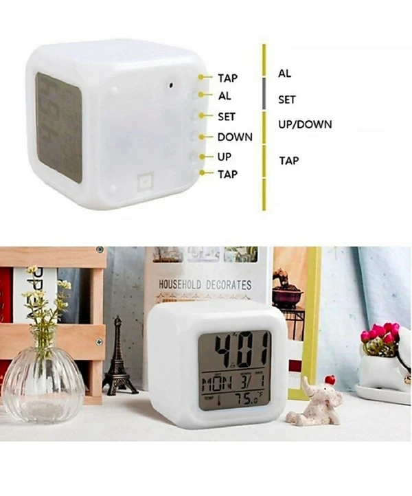 7 Color Plastic Digital LCD Display, Speaking Alarm Clock with Time and Temperature & Voice Report Colorful,Temperature and Wake Up Projector (Colour May Vary) - Pack Of 1, Color Changing Alarm