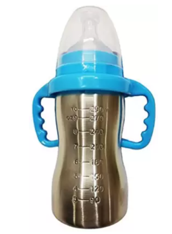 Musvika Baby Infant Newborn Milk Feeding Steel Bottle With Handle - 290 ml (Silver) - Toddler, Silver, Pack Of 1