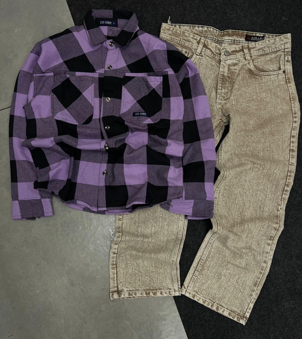 Double Pocket Checks Shirt + Baggy Combo (L)