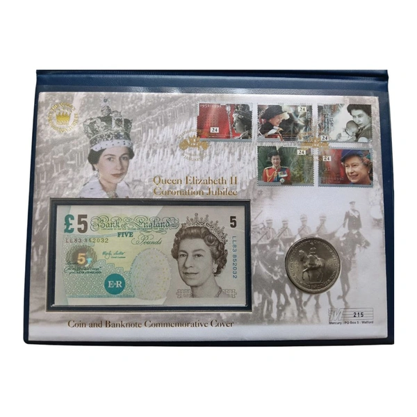 2003 - Queen Elizabeth II - Coronation Jubilee Set (Coin(1) + Banknote(1) + Stamps(5))