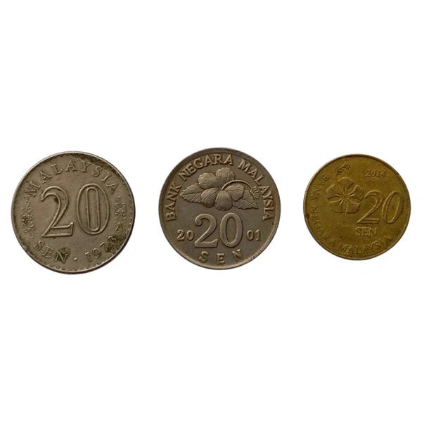 3 Different Malaysian 20 Sen Coins Set