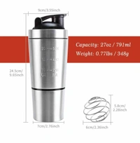 Stainless Steel Gym Shaker Bottle with Extra Storage(with Spring Ball),100% Leak Proof and Food Grade,750ml