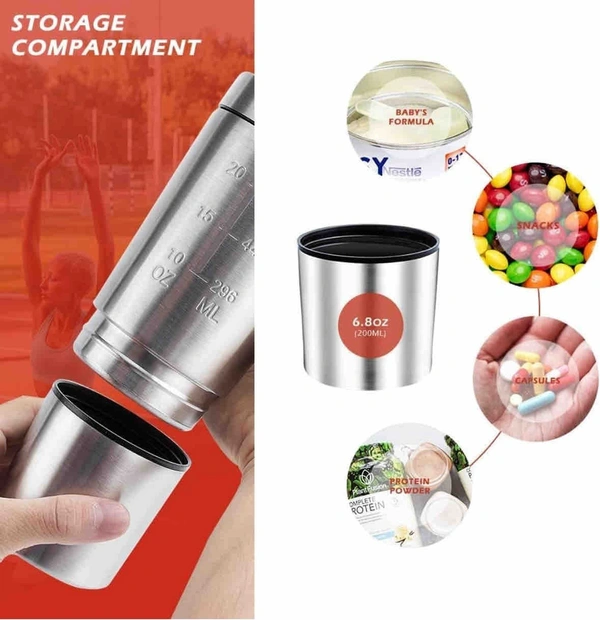 Stainless Steel Gym Shaker Bottle with Extra Storage(with Spring Ball),100% Leak Proof and Food Grade,750ml