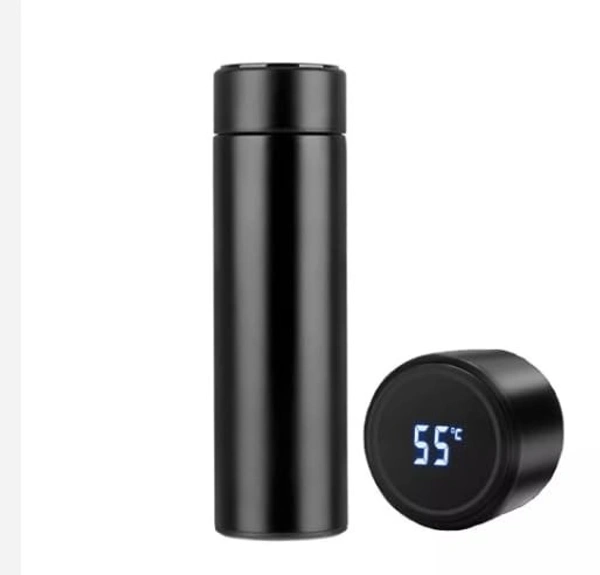 stainless Steel Water Bottle With Led Temperature Display, Double Wall Vacuum Insulated Water Bottle (Pure Black), 500 ML