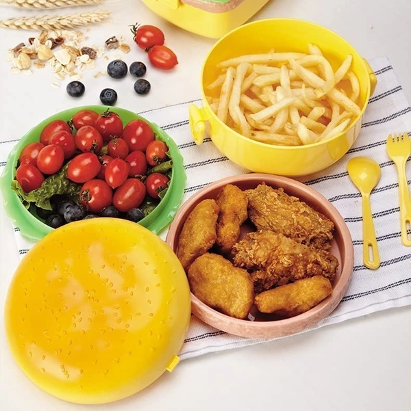  Lunch Box for Kids Burger Shape School Tiffin Box for Boys & Girls Leak Proof Plastic with Compartments (Pack of 1)