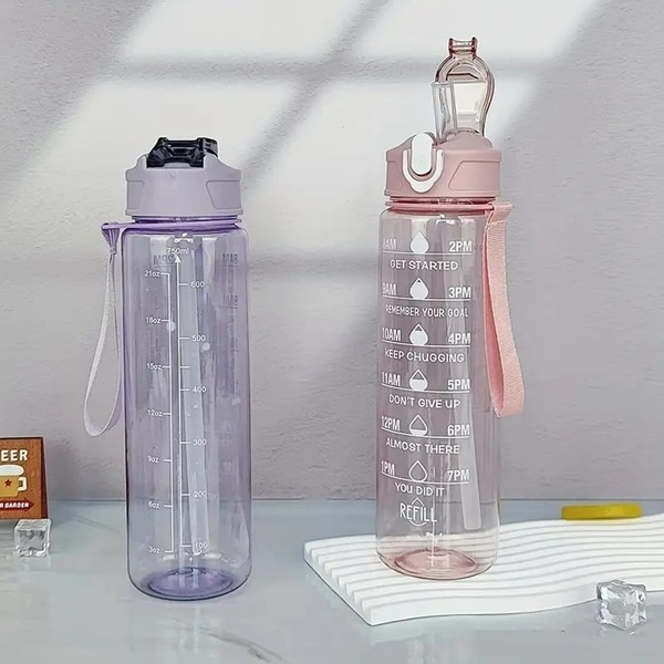 Motivational Water Bottle with Time Markings, 1000ml, Clear Plastic with Flip-Top Lid, Hourly Hydration Tracker