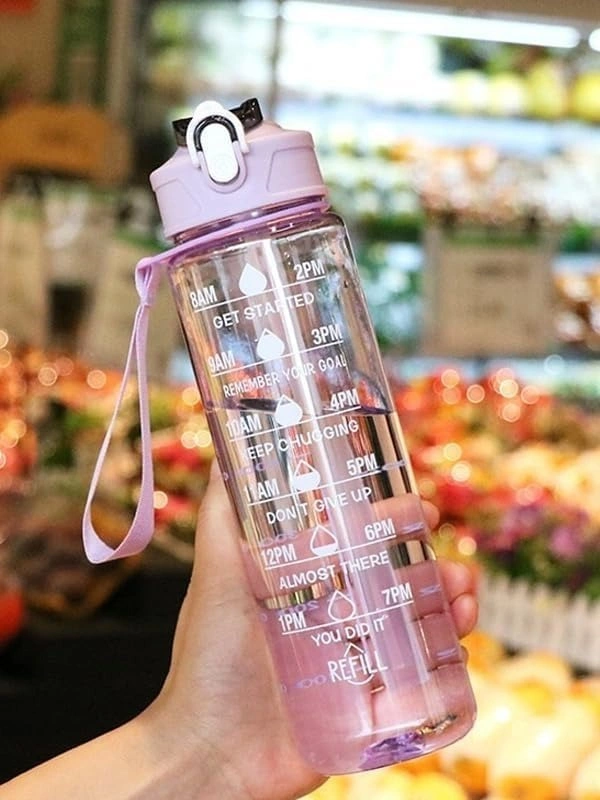 Motivational Water Bottle with Time Markings, 1000ml, Clear Plastic with Flip-Top Lid, Hourly Hydration Tracker