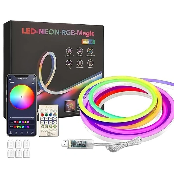 Vision 5 Meters LED Neon RGB Strip Light, Smart App Control, Remote Control, Multi-Colour Magic Lighting with USB, 6 Mounting Clips Music Modes, Custom Colors, Timing, Light Follow Sounds